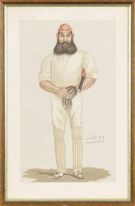'VANITY FAIR' CRICKET PRINT: "Cricket" (W.G.Grace) by Spy (Sir Leslie Ward), colour lithograph, published June 9 1877, framed & glazed, overall 27x40cm. [The first 'Vanity Fair' cricket print].
