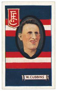 1933 Allens "League Footballers" (Striped Colours), almost complete set [142/144]; plus error card No.120&nbsp;(one reads "S.Baker", other reads "S.Barker"). Mainly G/VG.