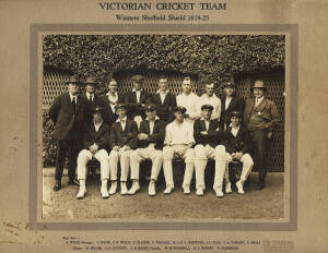 1924-25 VICTORIAN TEAM, official team photograph with title "Victorian Cricket Team, Winners Sheffield Shield 1924-25", and players names on mount, noted Edgar Mayne (captain), young Bill Woodfull & Stork Hendry, size 30x25cm. Good condition.