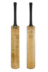 ALAN KIPPAX'S 1928-29 MATCH USED CRICKET BAT: Full size "Walter Warsop - Alan Kippax" Cricket Bat, match used by Alan Kippax, with silver plaque affixed to reverse "Presented to, Sydney Hospital, By Alan Kippax Esq., & Purchased at Auction by, Charlton Mo