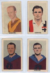 1948-52 Kornies football cards, noted 1948 "Victorian Footballers" [38/64];&nbsp;1951 "Footballers in Action" (Bar) [45/64]; 1952&nbsp;"Footballers in Action" (Football) [28/64]. Poor/VG.