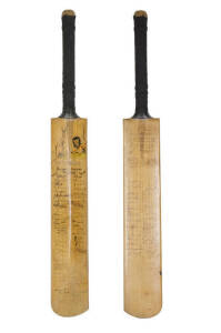 SIGNED BODYLINE CRICKET BAT: Full size "William Lindop - J.Ryder" Cricket Bat, decorated on reverse with kangaroo & lion, and signed by 1932-33 Australia, 1932-33 England 'Bodyline' team, 1939-40 Victoria, 1965-66 England, 1965-66 Australia; and on front 
