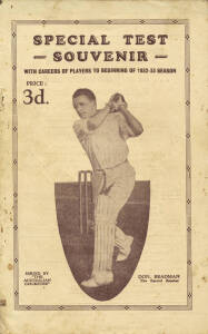 1932-33 BODYLINE TOUR: "Special Test Souvenir, With Careers of Players to Beginning of 1932-33 Season", issued by 'The Australian Cricketer' [Melbourne, 1932]. Fair/Good condition. The most difficult of the supplements to find.