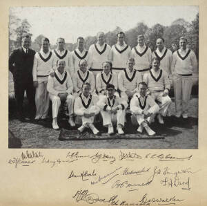 1938 AUSTRALIAN TEAM: Team photograph, with 16 signatures on mount, including Don Bradman, W.Jeanes (manager), Merv Waite,&nbsp;Sidney Barnes (scarce),&nbsp;Bill Brown,&nbsp;Bill O'Reilly,&nbsp;Ted White,&nbsp;Ern McCormick,&nbsp;Stan McCabe,&nbsp;Fleetwood-Smith,&nbsp;Jack Fingleton,&nbsp;Ben Barne