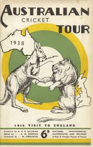 1938 AUSTRALIAN TOUR TO ENGLAND: Tour guide "Australian Cricket Tour 1938", signed on front cover by Don Bradman; and with 5 signatures inside - Bill Brown, Bill O'Reilly, Lindsay Hassett, Charlie Walker & Ted White. G/VG condition.