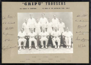 GRIPU TROUSERS: Advertising cards (4) with team photographs at centre, and with players names and facsimile autographs printed on mount - 1946-47 Australia, 1946-47 England, 1954 Australia & 1954-55 England, each framed & glazed, each overall 43x31cm. An 