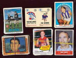 1966-74 Scanlens group, noted&nbsp;1974 "Club Mascot Sticker Inserts" (3 pairs);&nbsp;1970 "Footballers Mini-Posters" (5);&nbsp;1969 "Footballers Die Cuts" (8);&nbsp;1968 "Footballers", Series B (32);&nbsp;1966 "Footballers" (68) including 15 die-cuts;&nbsp;1967 "Footballers", part se