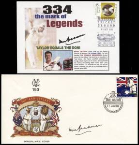 DON BRADMAN: Signed items, noted covers (2); "Australia Test Captains" card; entrance card for 1998 Grand Bradman Dinner; pencil sketch on autograph page. (6 items).