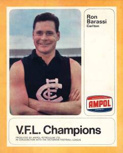 1968 Ampol "V.F.L. Champions" folder & 45rpm record [2/12] for Ron Barassi (Carlton) & Royce Hart (Richmond); plus 1968 3UZ "Club Colours window transfer" for Carlton. G/VG.