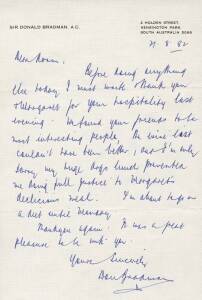 DON BRADMAN, hand-written letter dated 21st Aug.1982 to Norm Bevan on "Sir Donald Bradman A.C." letterhead, signed in &nbsp;full "Don Bradman".
