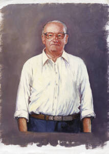 DON BRADMAN, original painting of Don Bradman, a portrait of Don in his 80s, in oils on A4 paper, believed to be by Dave Thomas.