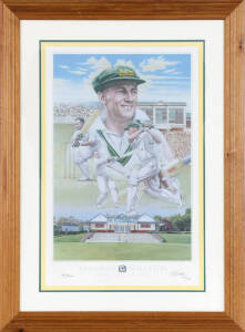 DON BRADMAN, signature on "Don Bradman" print by Brian Clinton, also signed by the artist & numbered 891/1000, published by the Bradman Museum, window mounted, framed & glazed, overall 78x105cm. With CoA.