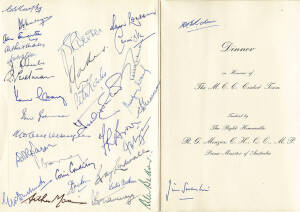 SIGNED MENU: "Dinner in Honour of The M.C.C. Cricket Team. Hotel Canberra, Canberra. Tuesday, 10th February 1959" with 33 signatures inside including Prime Minister Robert Menzies, Arthur Mailey, Jim Laker, Ian Craig, Ian Johnson, Freddie Brown, Peter May