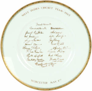 1963 ROYAL WORCESTER PLATE, "West Indies Cricket Team - 1963. Worcester May 1st", with facsimile signatures and rim in gold, made during the players' visit to the factory during the tour; signatures include Frank Worrell, Conrad Hunte, Lance Gibbs, Wes Ha