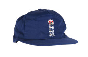 ALEC STEWART'S ENGLAND HOME TEST CAP, baseball-style, navy blue, embroidered Crown over Three Lions on front,&nbsp;signed on the brim "Alec Stewart". Good match-used condition. [Alec Stewart played 133 Tests 1990-2003].