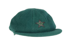 ASIF MAMMOOD'S PAKISTAN TEST CRICKET CAP, green wool, wire embroidered Pakistan logo on front, named inside to label "Asif Masood". G/VG condition. [Asif Masood played 16 Tests & 7 ODIs 1969-77].