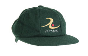 PAKISTAN TEST CRICKET CAP, green wool,&nbsp;embroidered Pakistan logo on front, made in Sharjah, player unknown. G/VG condition.