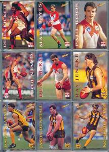 1995-2000 football cards in album, noted "Ansett Cup 1995" [28]; "Ansett Cup 1997" [16]; "Ansett Cup 1998" [16]; 1999 Select "AFL Stars" [18]; "Ansett Cup 2000" [16]. G/VG.