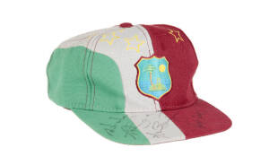 WEST INDIES CRICKET CAP, baseball-style, with&nbsp;embroidered West Indies&nbsp;logo on front, with 4 signatures on brim including Roger Harper. Good match-used condition.