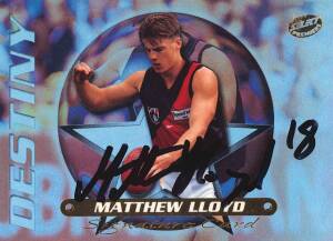 1999 Select "Destiny Signature Cards", complete set [16] including Matthew Lloyd, Mark Ricciuto, Brad Johnson, Lance Whitnall & Justin Leppitsch; plus "1999 Kangaroos Premiership Card" & "Premiership Predictor". G/VG.