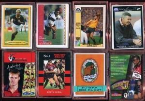 c1991-99 rugby cards, noted 1991 Regina "NZRFU" [217] & "Rugby World Cup" [166]; 1992 Shell "Rugby Greats" [37]; 1994 Sports Deck "Springboks" [42/90]; 1995 Futera "Rugby Union" [110]; 1996 Card Crazy "Base set" [90] & inserts [36]; 1997 North's Bread "Ca