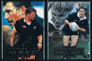 1997 Ineda "All Blacks Base Set" [60], "Elite Rookies" [11], "Tempered Steel" [9] & Signature cards of Richard Loe & Andrew Mehrtens.