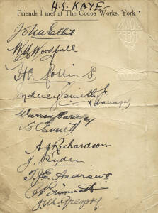 1926 AUSTRALIAN TEAM: Rare menu "Australian Cricket Team, English Tour, 1926. The Cocoa Works, York. Friday June 11th", signed on reverse by 10 players & manager, noted Herbie Collins, Warren Bardsley, Tommy Andrews, Bill Woodfull, Jack Ryder & Clarrie Gr