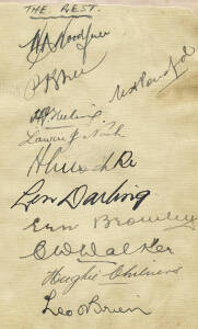 1933 The Rest (v NSW at SCG - Collins/Kelleway/Andrews Testimonial), autograph page with 11 signatures including Bill Woodfull (captain), Bill Ponsford, Hans Ebeling, Laurie Nash & Charlie Walker. Ex Hans Ebeling's autograph book.
