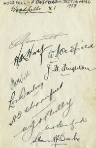 1934 V.Y.Richardson's XI v W.M.Woodfull's XI (Woodfull/Ponsford Testimonial match at MCG), autograph pages (2) with 23 signatures including Victor Richardson (107), Bill Woodfull (111), Bill Ponsford, Bill Brown (102), Clarrie Grimmett, Hans Ebeling & Ben