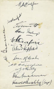 1934 AUSTRALIAN TEAM, autograph page with 12 signatures including Bill Woodfull, Don Bradman, Bill Ponsford, Bert Oldfield & Clarrie Grimmett.