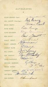 1961 Australian Team, "Australian Team on Tour 1961/ Programme of Matches", with 17 signatures on back cover including Richie Benaud, Neil Harvey & Bill Lawry. Minor soiling though scarce.