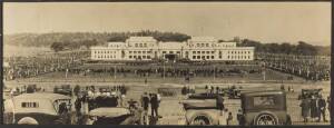 Photograph titled on reverse "Official Opening of Parliament House, 9 May 1927", window mounted, overall 50x25cm.