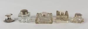 Group of five inkwells, sterling silver, crystal & glass. 19th & 20th Century.