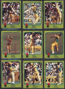 CRICKET & FOOTBALL CARDS, noted 1981 Scanlens "Cricketers" [61/84]; 1984 Aust Dairy Corp "Kanga Cricket" [57/63]; 1930s football cards (26) with Bob Mirams Caricatures (9) & 1934 Allens "Pennants" (10). Poor/VG.