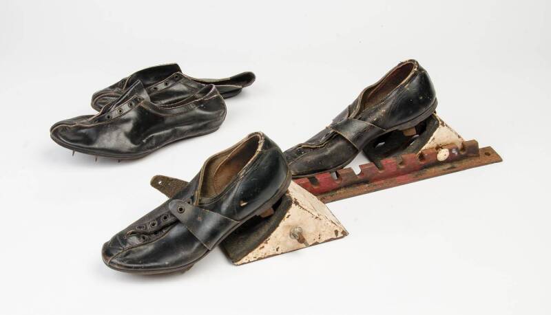 LEATHER RUNNING SPIKES, one pair made by Denzil Don; another pair made by Kenny Shoes Co. Plus starting block.