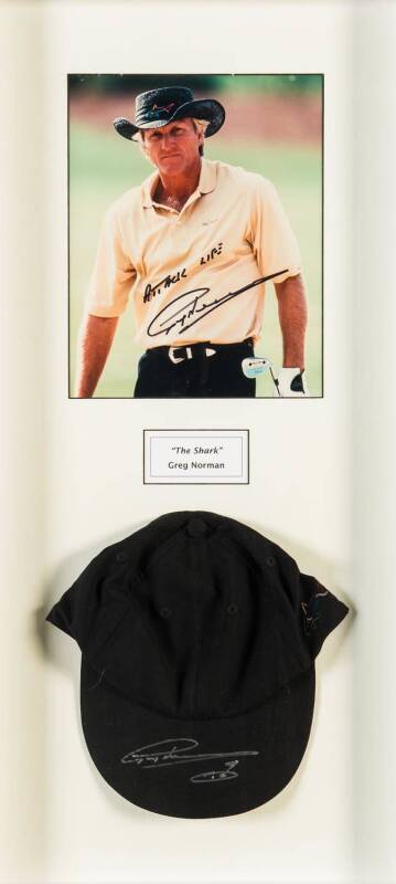 TENNIS & GOLF, noted Rod Laver signed display; Greg Norman display comprising signed photograph & cap; Peter Thompson signed display. All framed, largest 98x46cm.