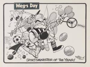 WEG: Original Weg cartoon "Sportsminister of the Year!", showing Bob Hawke wearing or carrying gear from a multitude of sports, size 54x42cm.