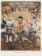 NFL: Signed displays, noted Walter Payton limited edition print by Stephen Doig, signed by Payton & the artist, with CoA; display with photos signed by Jerry Rice/Joe Montana & Jerry Rice/Steve Young, with CoAs. Plus "Bullet" Bob Hayes signed display. All - 2