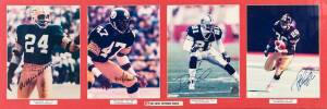 NFL: Signed displays, noted "Star QBs" display with 8 signed photos including Joe Montana, Troy Aikman & Steve Young; "The Great Defensive Backs" display with 4 signed photos including Willie Wood, Mel Blount, Deion Sanders & Rod Woodson; plus 2 other dis