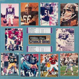 NFL: Framed displays (4) with total 22 signed photographs, noted Emmitt Smith, Troy Aikman, Terrell Davis, Marcus Allen, Ray Nitschke & Dick Butkus. Largest 67x97cm. Most with CoAs. 