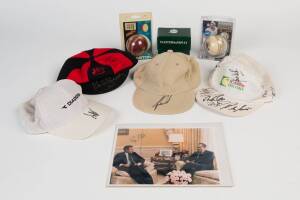 AUTOGRAPHS: Signed caps (4) including Tiger Woods; George H.W.Bush (41st US President) signed photo; signed cricket balls (2) - Shane Warne; Glenn McGrath & Dennis Lillee. Also Masters Golf Trivia.