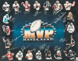 NFL: "Super Bowl MVP" display signed by 20 players including Joe Montana, Troy Aikman, Jerry Rice, Terry Bradshaw & Emmitt Smith. Limited edition 22/125, with CoA. Framed & glazed, overall 73x59cm.