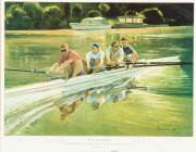 BRITISH ATHLETES, noted "British Olympic Legends" print by Gary Keane with 6 signatures including Steve Redgrave, Daley Thompson & Sally Gunnell, framed & glazed, overall 88x81cm. Plus "World Champions" (Rowing) print by Timothy Easton, signed by Steve Re