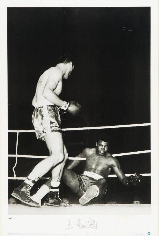 HENRY COOPER, signed "Great Sporting Moments" print with b/w photo showing British heavyweight boxer Henry Cooper after knocking down Muhammad Ali at Wembley Stadium in 1963. Limited edition 463/500, framed & glazed, overall 50x71cm, with CoA.