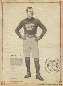 1909 Victorian Football Follower "Footballers posters" (3) for Alick Lang (Carlton), Charles Hammond (Carlton) & William Payne (Carlton), stuck into a c1908-20 Carlton scrapbook, including press clippings regarding the 1910 bribery scandal. [These posters