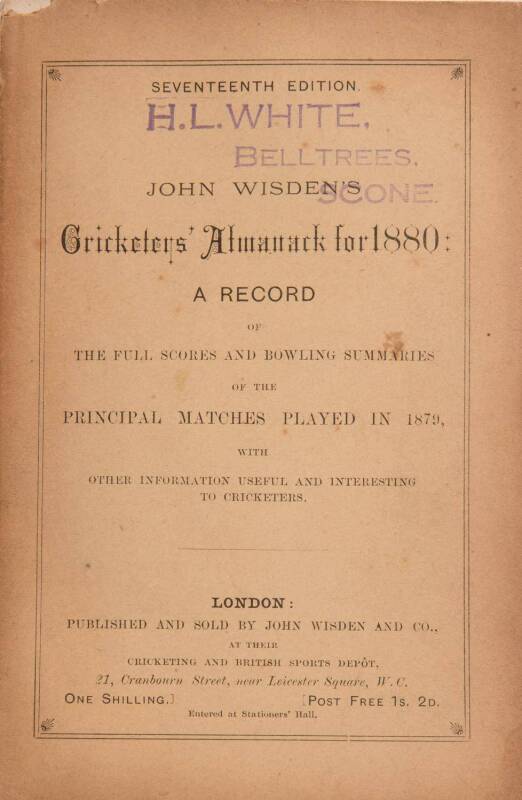 "Wisden Cricketers' Almanack for 1880", original paper wrappers. Fair/Good condition.