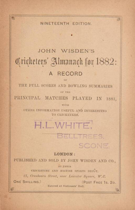 "Wisden Cricketers' Almanack for 1882", original paper wrappers. Good condition.