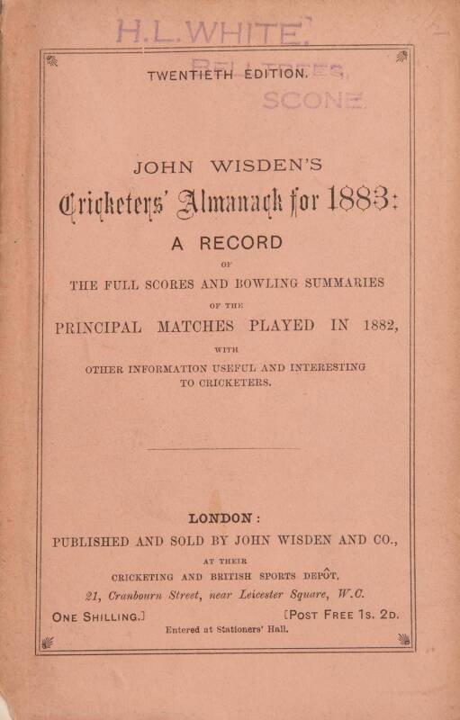 "Wisden Cricketers' Almanack for 1883", original paper wrappers. Fair/Good condition.