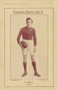 1921 Sporting Life & The Bayonet "Prominent Players" pictorial supplement No.15 "C.Sherry, Fitzroy", 25x38cm. Fair/Good condition. Extremely rare - this is the example illustrated on the "Australian Rules Football Cards" website.