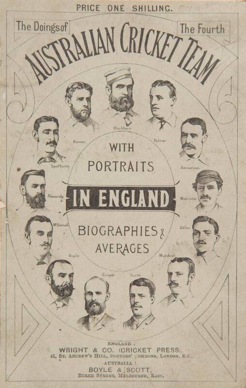 "The Doings of The Fourth Australian Cricket Team in England, with Portraits, Biographies, Averages" [London, 1884], rebound preserving original wrappers, and with Cabinet Card "The Australian Cricketers" tipped in. Fair/Good condition.